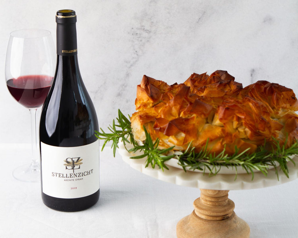 The Christmas Menu Main: Coq au vin phyllo chicken pie with a Syrah and mushroom sauce