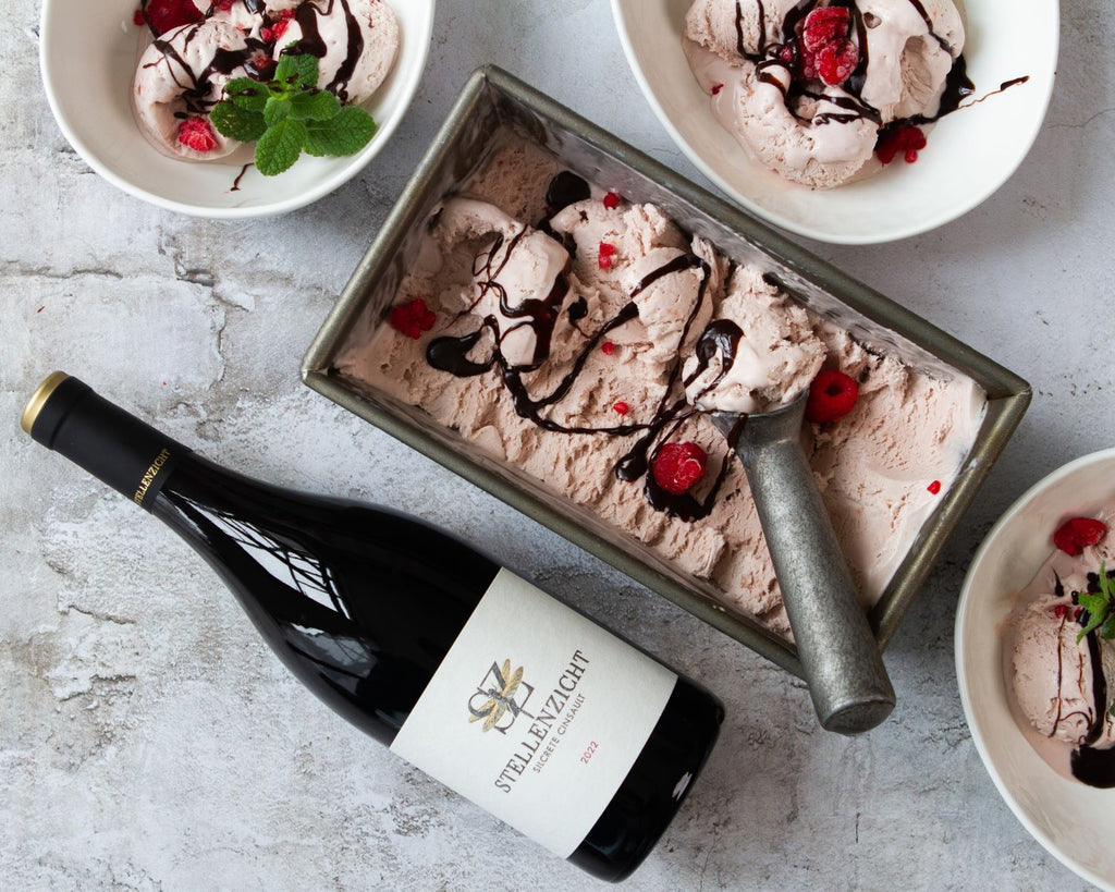 The Christmas Menu Dessert: Creamy Cinsault Ice Cream with a Rich Chocolate Sauce and Fresh Berries.